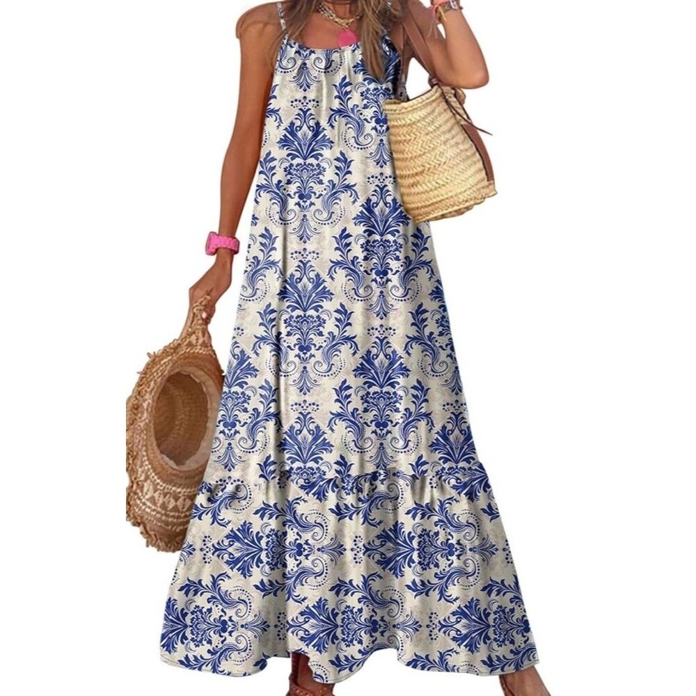 Whimsical Blue Cream Chinoiserie Print Maxi Dress Tiered Boho Coastal Sundress L